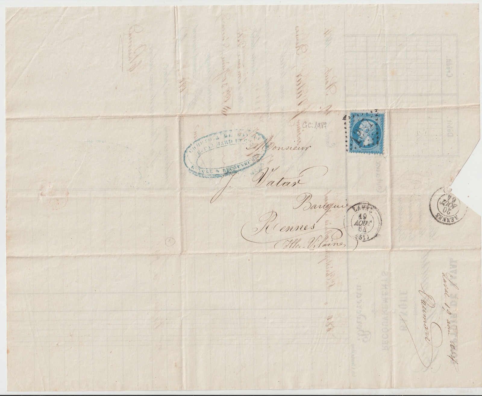 1864 FRANCE Folded Letter LAVAL to RENNES 20c Stamp BANKING Finance Letterhead 1864 FRANCE Folded Letter LAVAL to RENNES 20c Stamp BANKING Finance Letterhead
