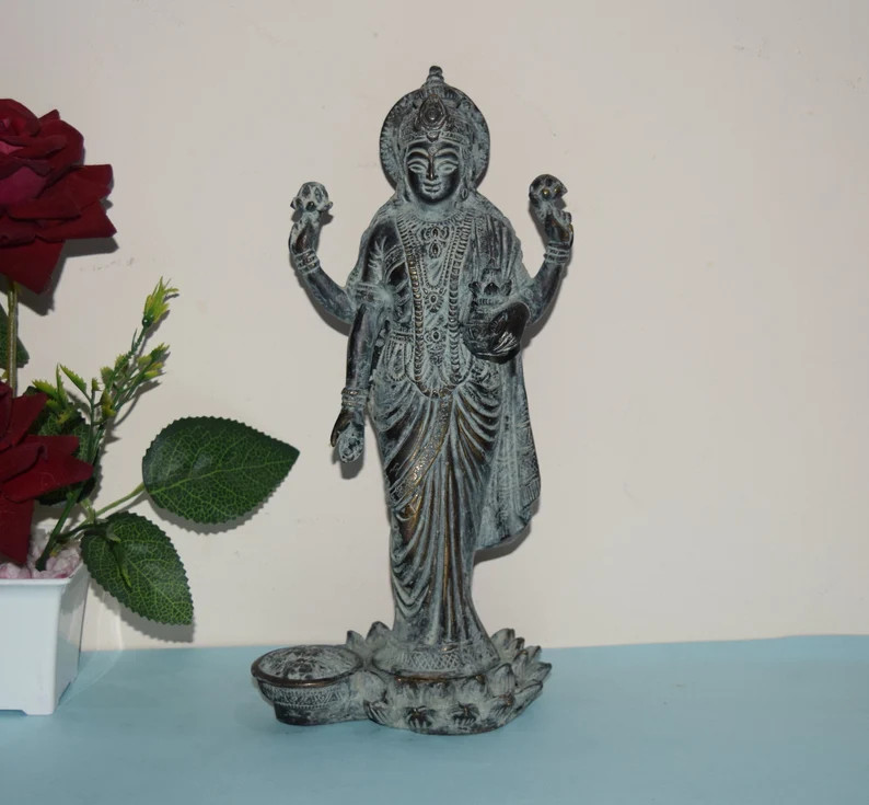 Lakshmi Goddess Statue Holding Flower Brass Religious Devi Murti Idol Dec RD301 Lakshmi Goddess Statue Holding Flower Brass Religious Devi Murti Idol Dec RD301