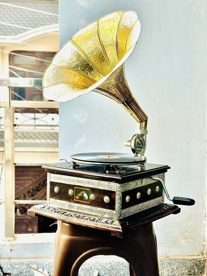 HMV Working Vintage Look Gramophone Player Brass Phonograph Vinyl Record Replica