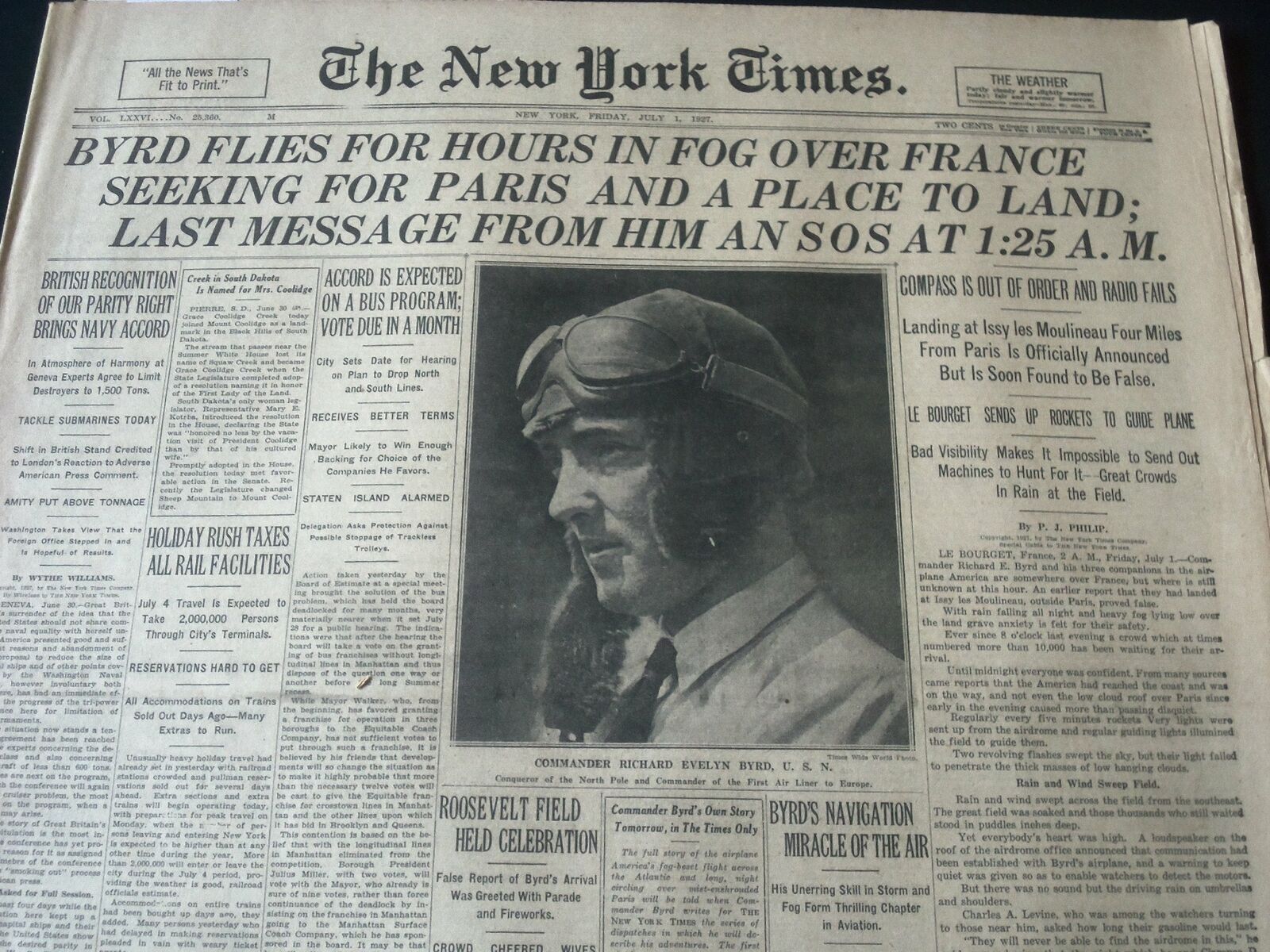 1927 JULY 1 NEW YORK TIMES - BYRD FLIES FOR HOURS IN FOG IN FRANCE - NT 7308