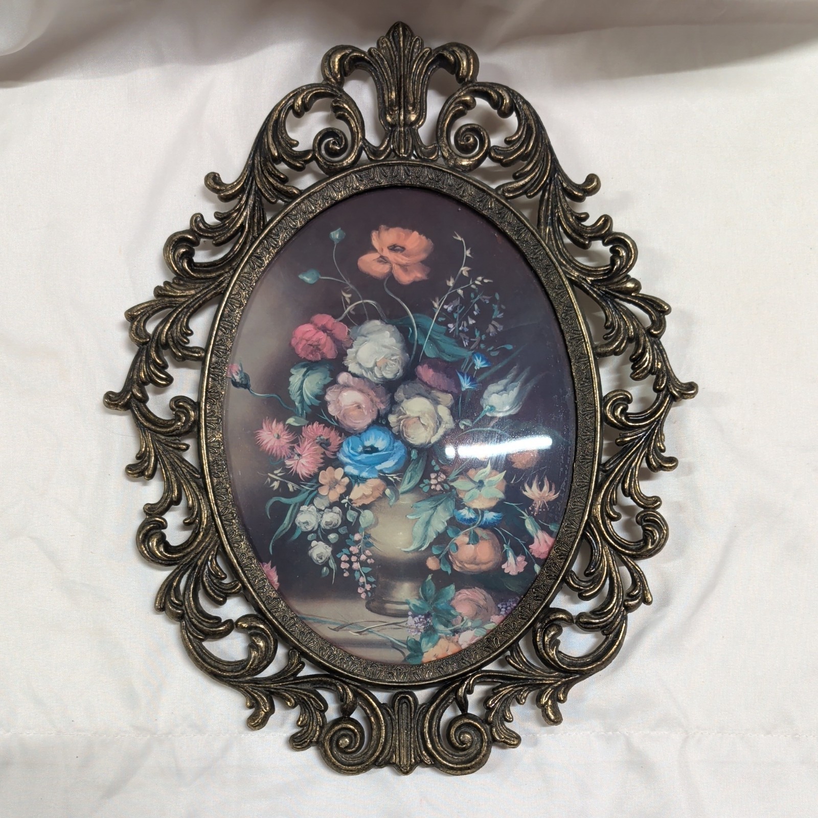 Vintage Brass Victorian Look Wall Frame With Floral Picture 13.5'' H Vintage Brass Victorian Look Wall Frame With Floral Picture 13.5'' H