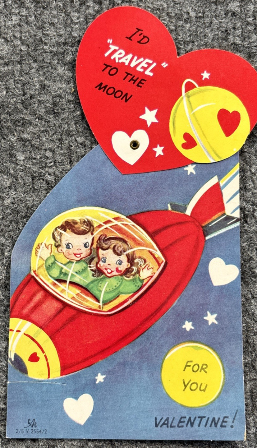 Vintage Valentine Card Astronaut Rocket Mechanical Id Travel To The Moon 7.5\ Vintage Valentine Card Astronaut Rocket Mechanical Id Travel To The Moon 7.5\