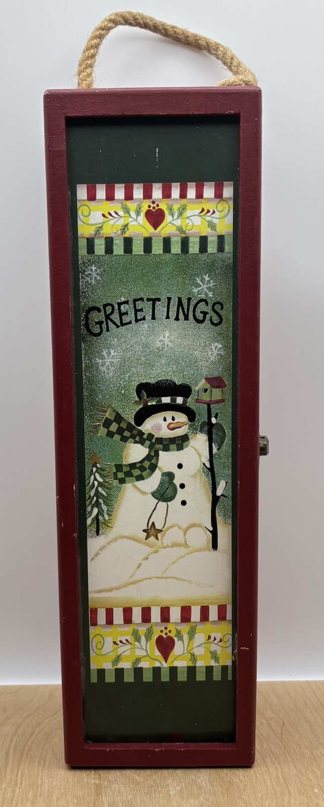 Christmas Snowman Greetings Holiday Wooden Box With Handle & Latch 13” Tall Christmas Snowman Greetings Holiday Wooden Box With Handle & Latch 13” Tall