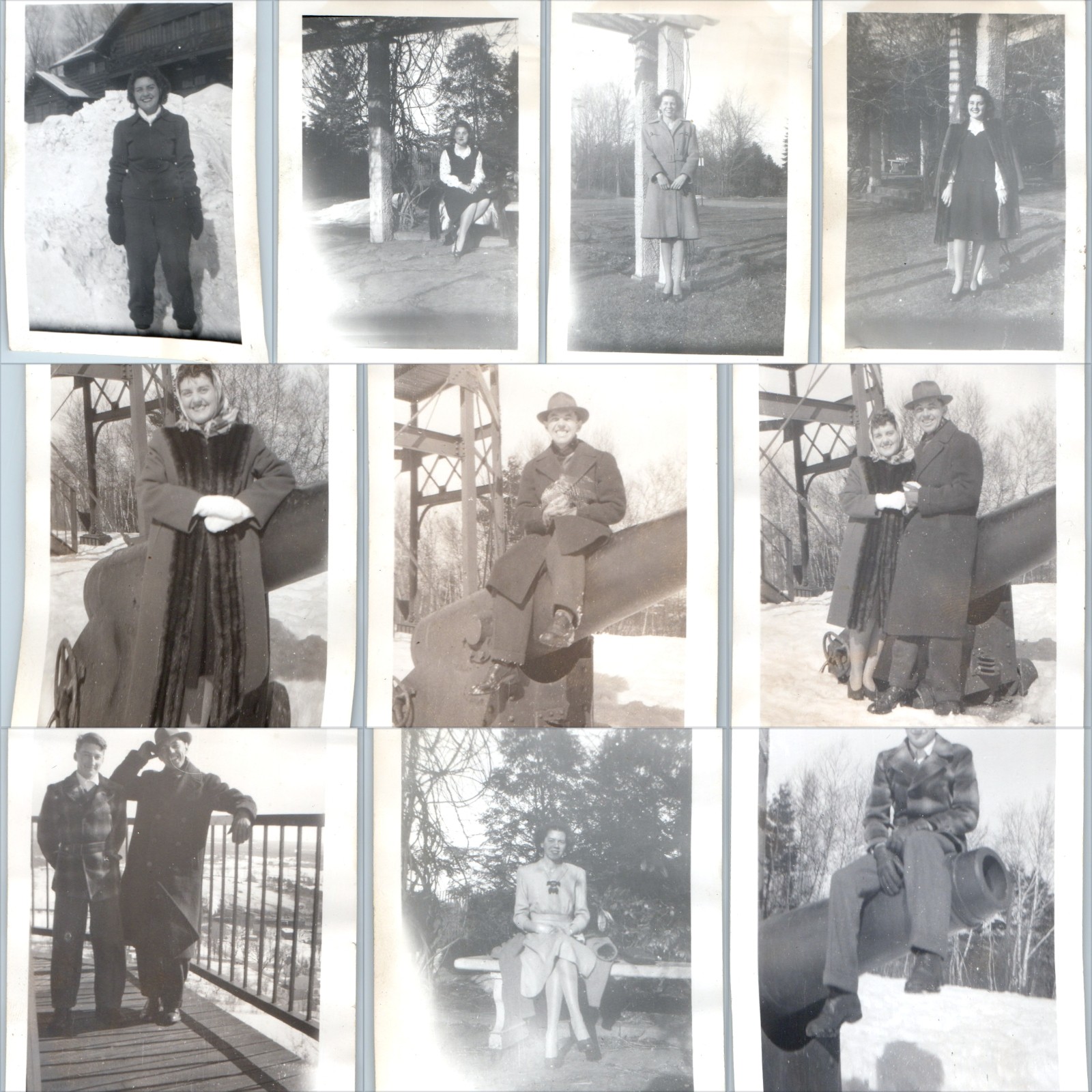 x10 LOT c1940s Forest Park Cannon Tower Snapshots Rose Garden Winter Snow Couple x10 LOT c1940s Forest Park Cannon Tower Snapshots Rose Garden Winter Snow Couple