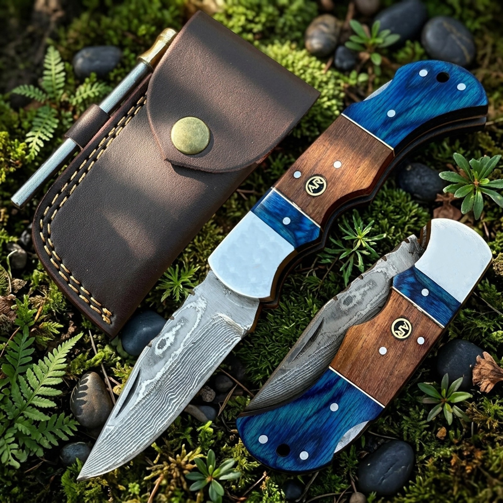 6.5'' Folding Pocket  Knife Damascus Handmade EDC Camping Outdoor Leather Sheath