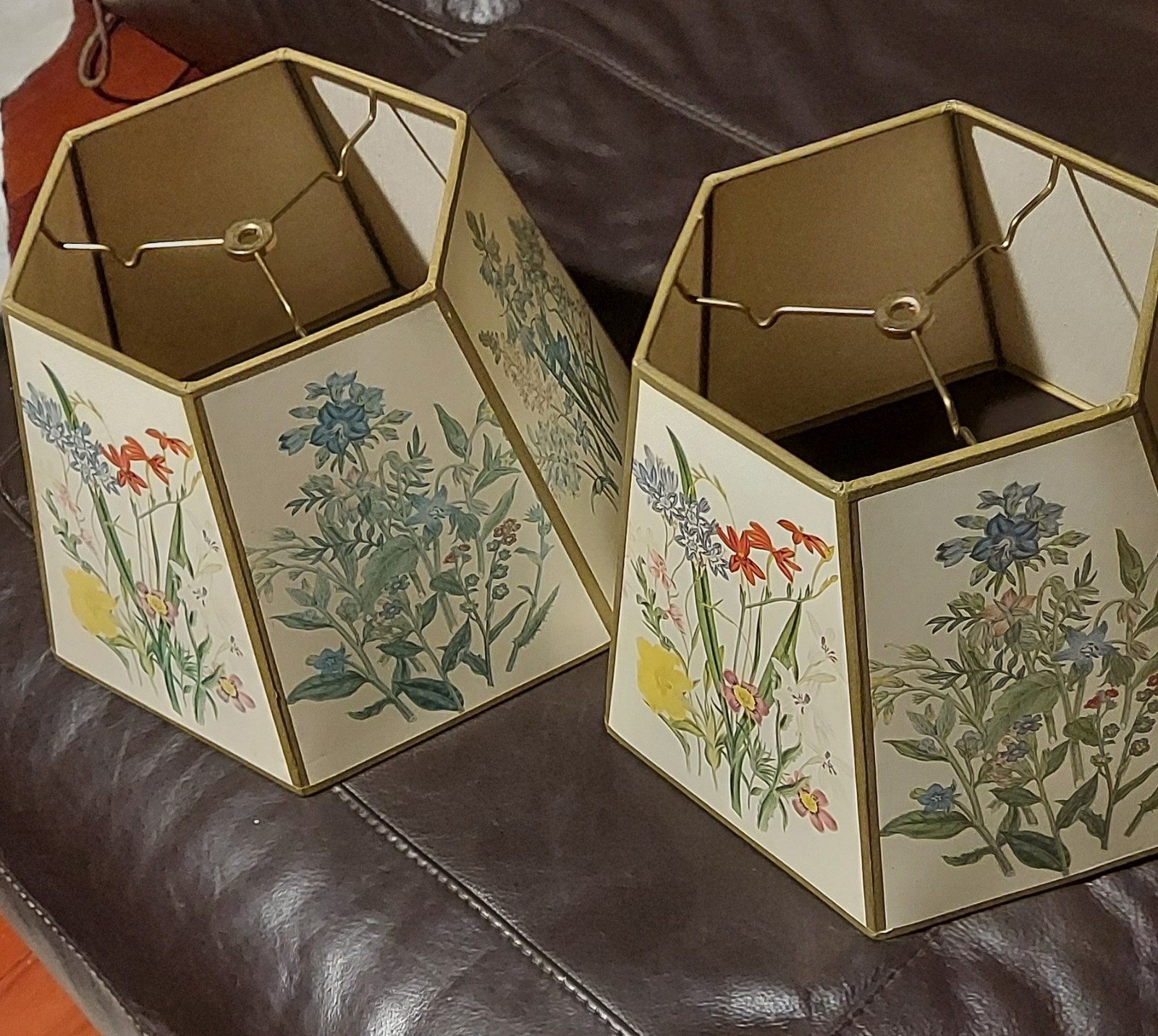 TWO VTG 9.5” Tall APPROXIMATELY- 6 Sided Panel Floral Lamp Shades TWO VTG 9.5” Tall APPROXIMATELY- 6 Sided Panel Floral Lamp Shades