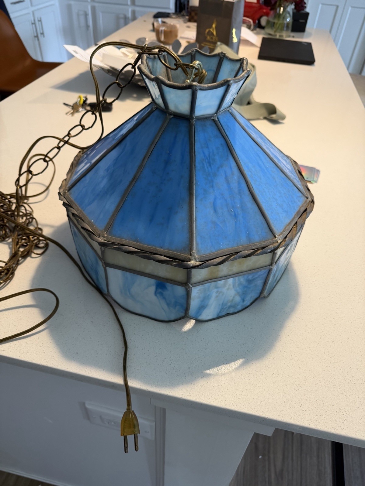 1970’s vintage blue-and-white slag/stained-glass hanging swag lamp 1970’s vintage blue-and-white slag/stained-glass hanging swag lamp