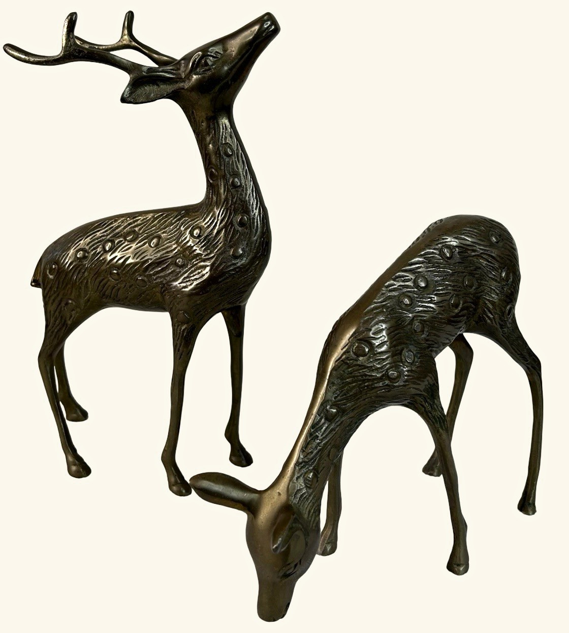 Vintage Pair of Large Brass Spotted Deer Figurines 10” x 6” & 8” x 6.75”