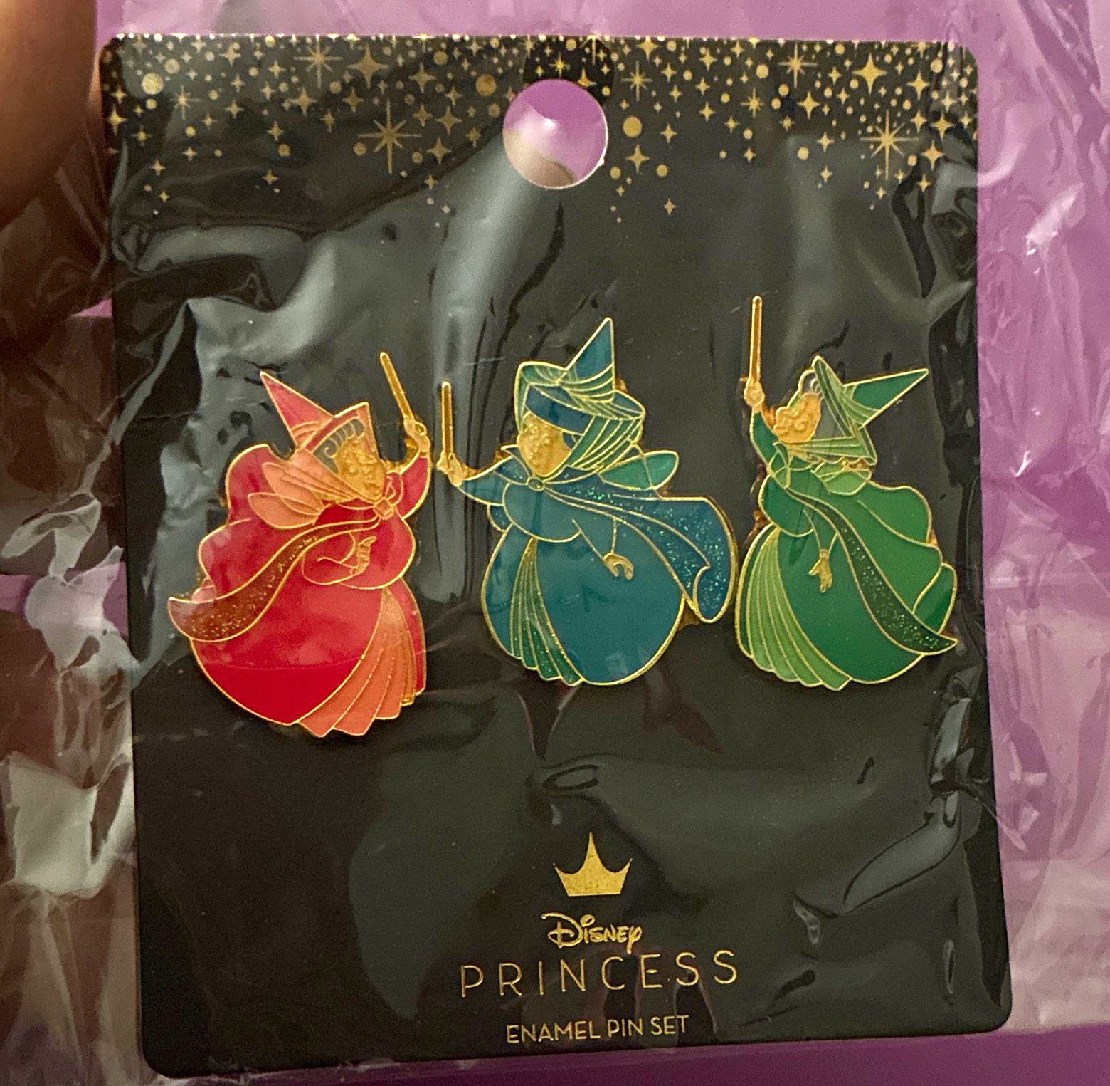 Disney Princess Sleeping Beauty Fairies Glitter Enamel Pin Set Flora Fauna Disney Princess Sleeping Beauty Fairies Glitter Enamel Pin Set Flora Fauna