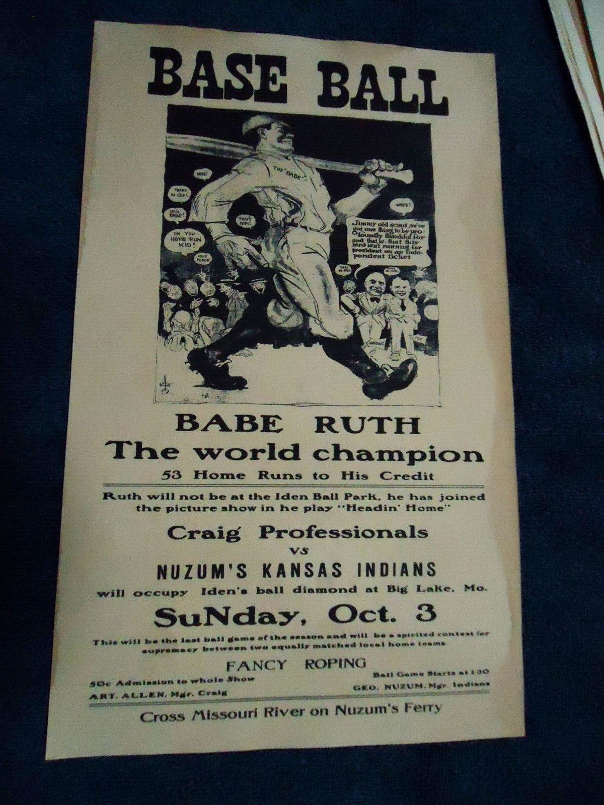 BASEBALL POSTER Babe Ruth CRAIGS VS KANSAS INDIANS 1920s ?