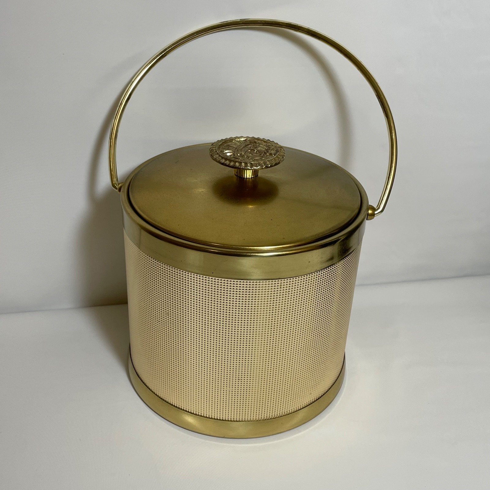 Vintage MCM Serv-Master Brass-toned Ice Bucket w/Aztec/Mayan Deity Lid Medallion Vintage MCM Serv-Master Brass-toned Ice Bucket w/Aztec/Mayan Deity Lid Medallion