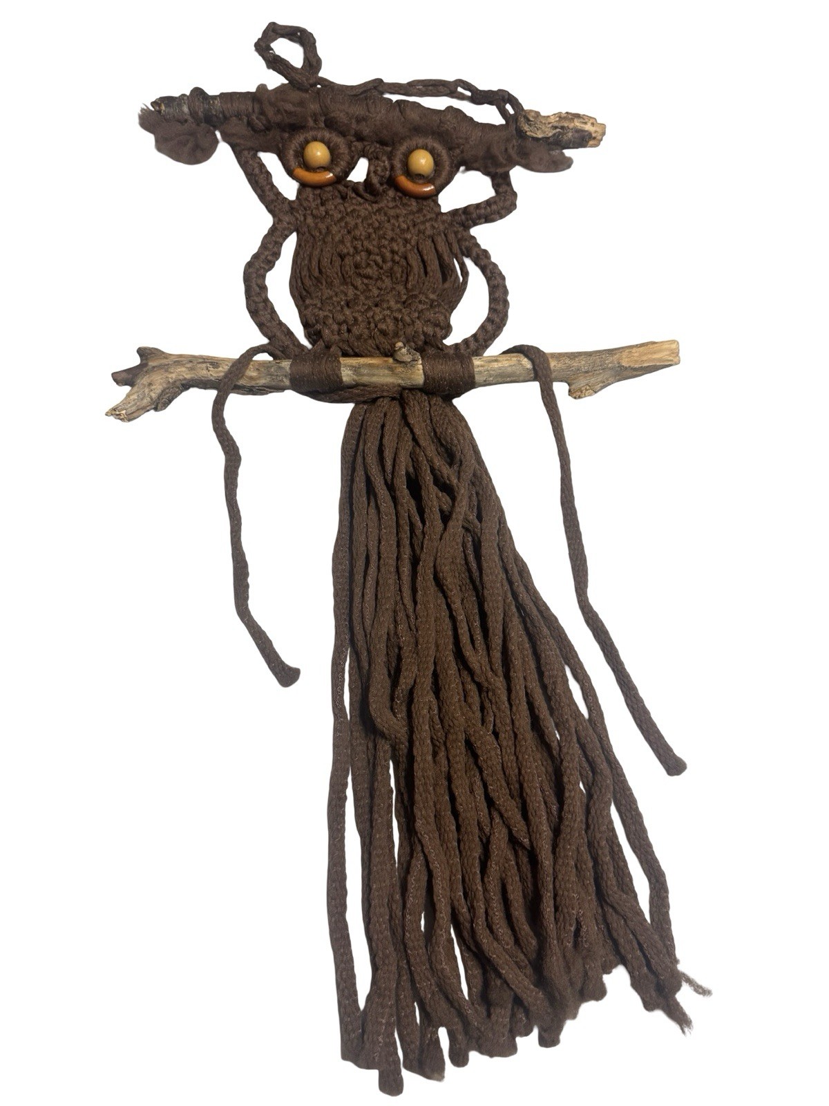 Vintage 1970s Macrame Owl Wall Hanging, Cholla Cactus Wood Perch, Mid-Century... Vintage 1970s Macrame Owl Wall Hanging, Cholla Cactus Wood Perch, Mid-Century...