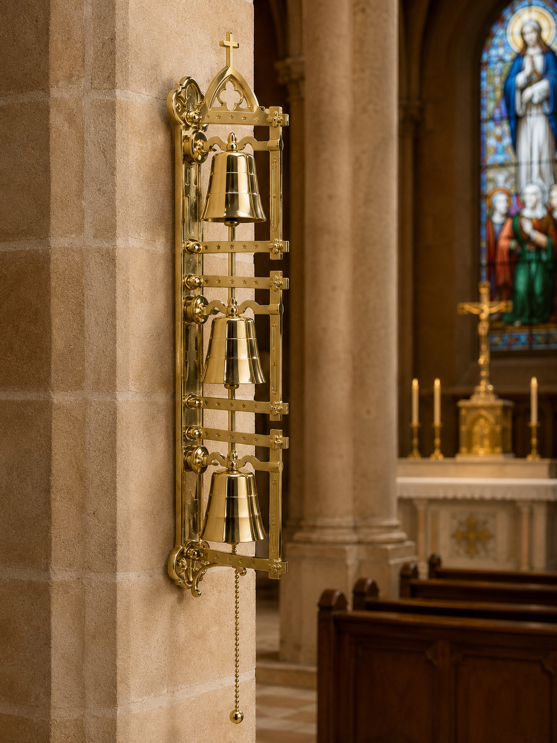 High Polished Brass Three Cup Wall Bell With Cross Top And 70