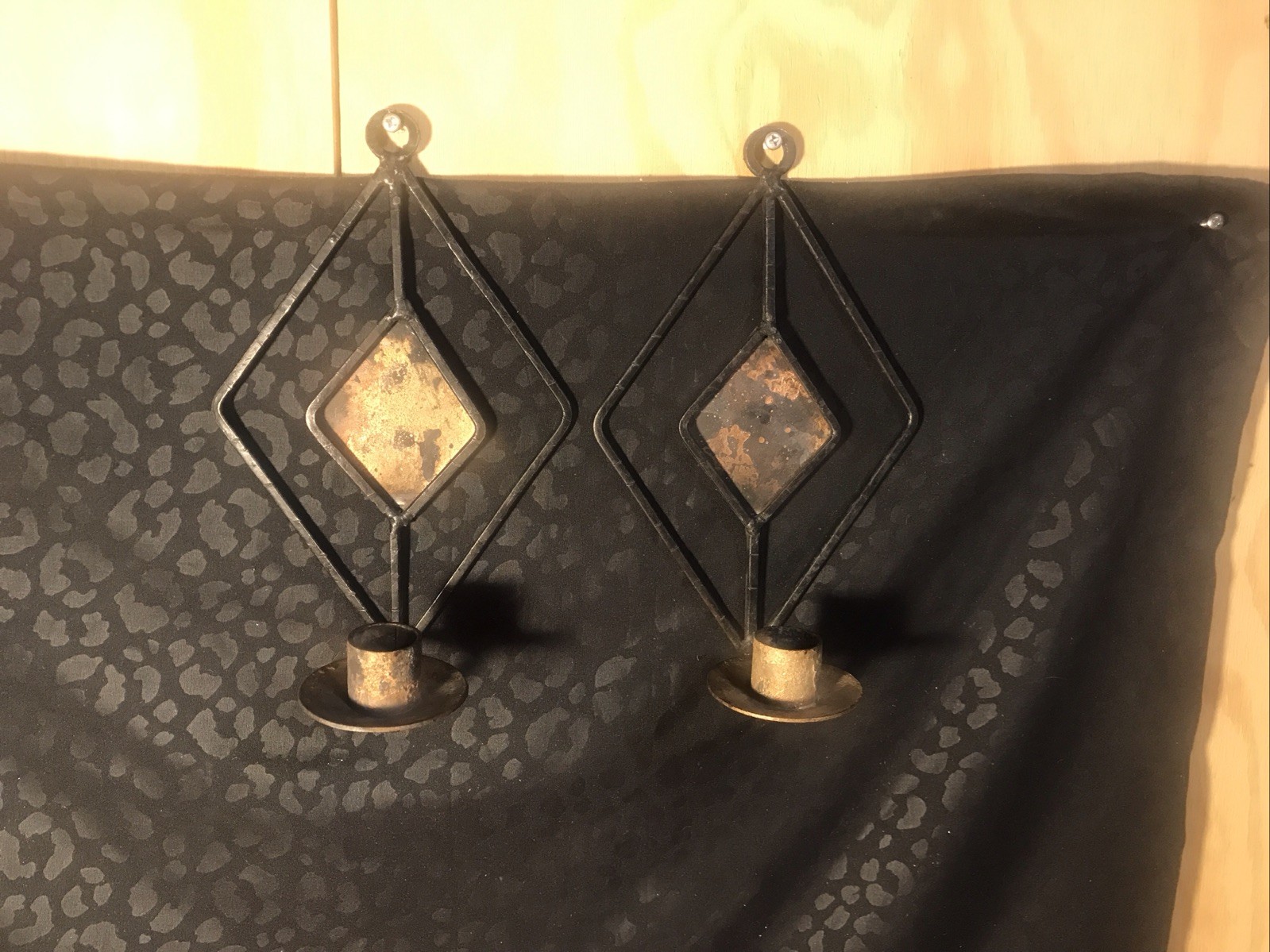Vintage 1970s mid-century brutalist iron diamond wall candle sconces pair Vintage 1970s mid-century brutalist iron diamond wall candle sconces pair