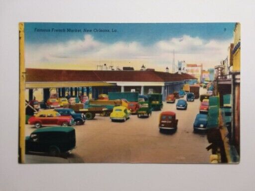 French Market New Orleans Louisiana Street View Old Cars Linen Vintage Postcard