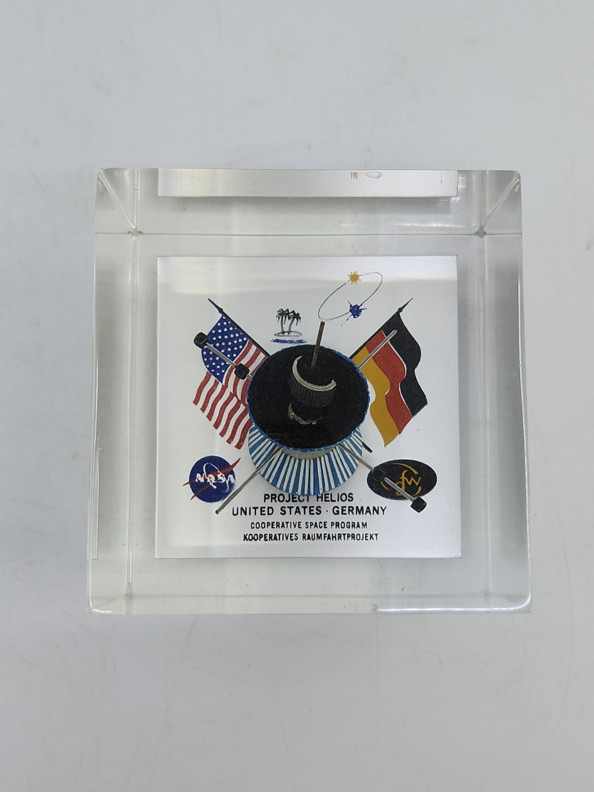 Vintage NASA Project Helios Model Lucite Cube Presentation Desk Award US-Germany Vintage NASA Project Helios Model Lucite Cube Presentation Desk Award US-Germany