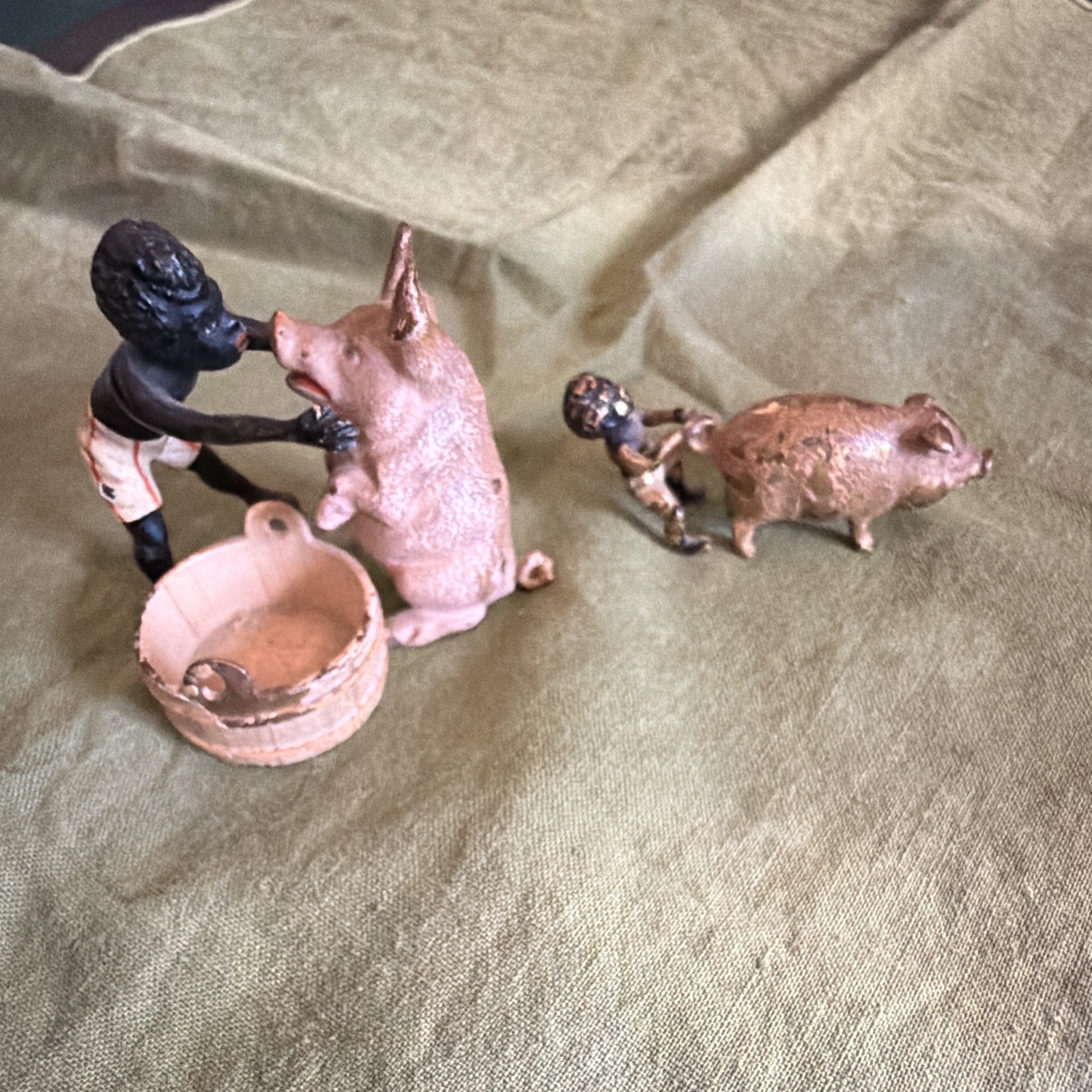 Antique Vienna Cold Painted Bronze Boy & Pig Figurines Pair, Washtub, Miniature