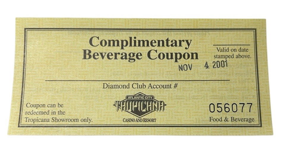 Tropicana Casino Atlantic City Beverage Coupon Free Drink Casino & Resort 2001 Tropicana Casino Atlantic City Beverage Coupon Free Drink Casino & Resort 2001