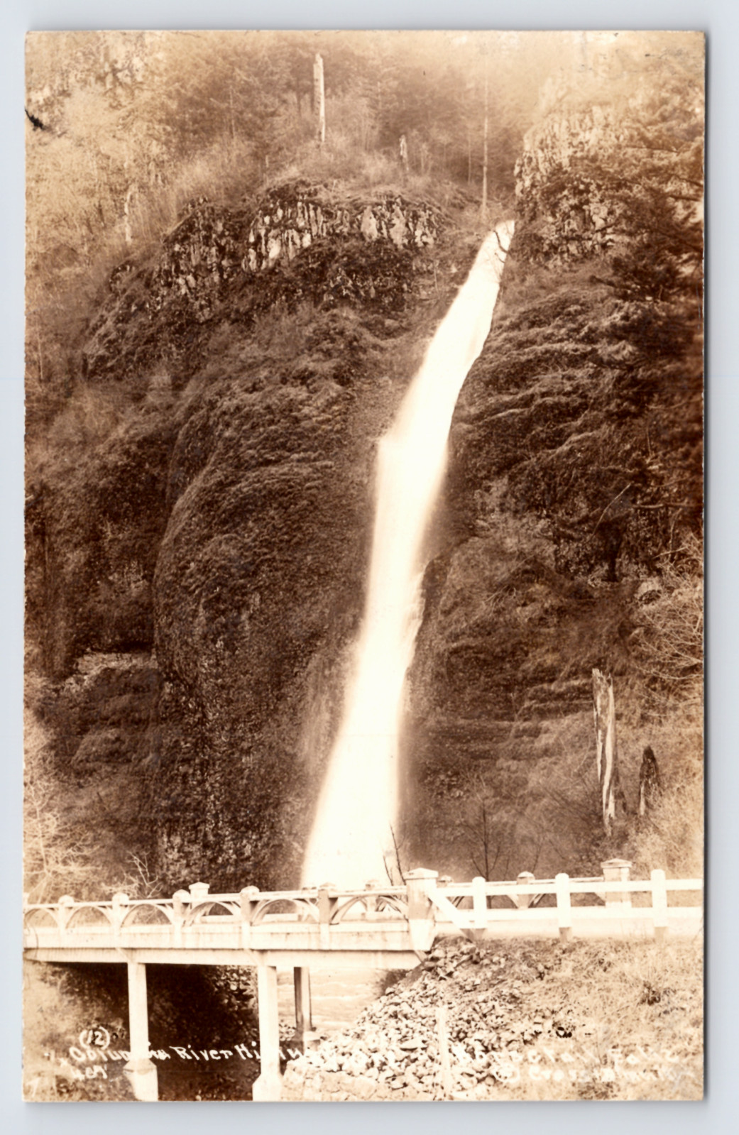 c1925 Horsetail Falls Columbia River Highway Cascade Locks OR RPPC, Bridge Gorge