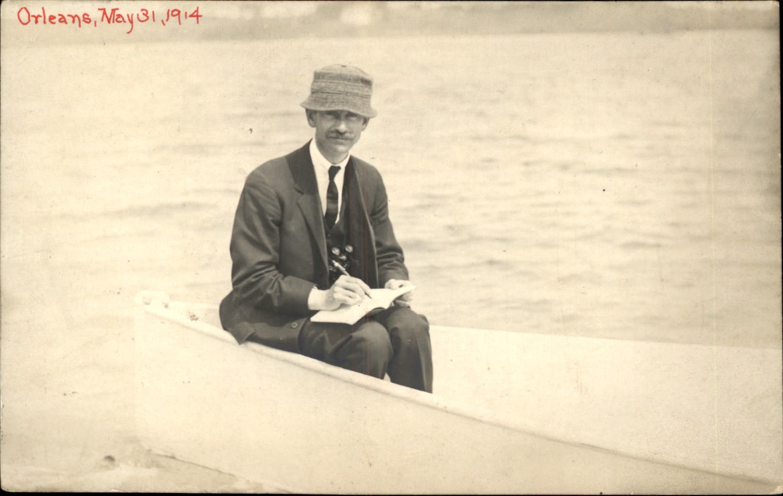 Orleans Cape Cod Man in Boat Writing in Notebook c1910 Real Photo Postcard bhn Orleans Cape Cod Man in Boat Writing in Notebook c1910 Real Photo Postcard bhn