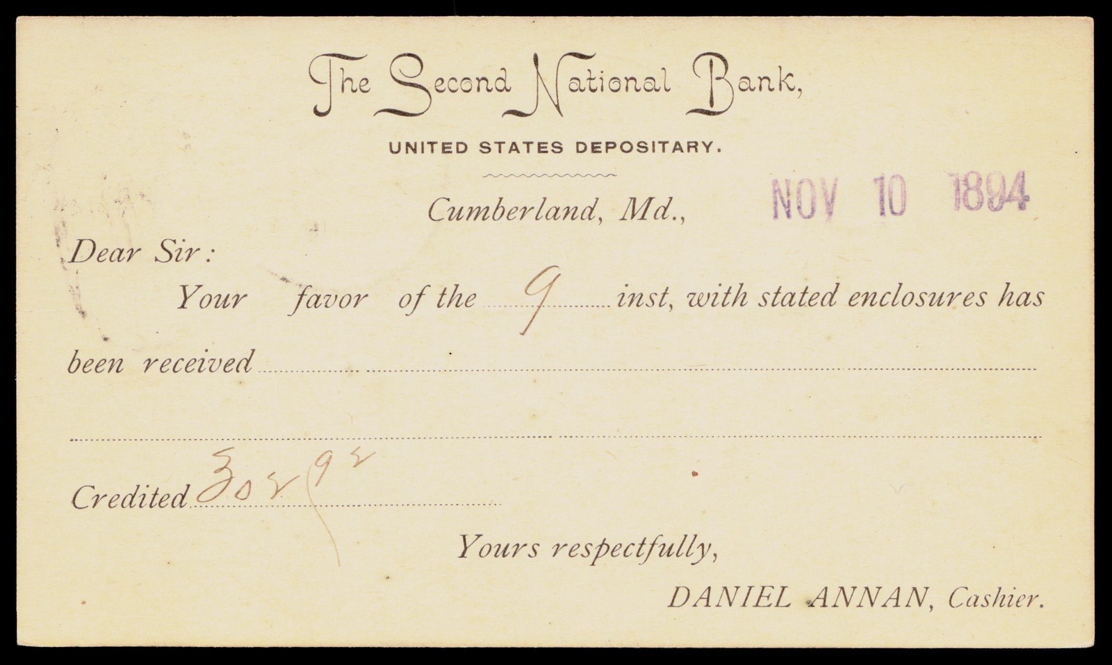 1894 Second National Bank Cumberland MD Victorian Typography Postal Card Receipt 1894 Second National Bank Cumberland MD Victorian Typography Postal Card Receipt