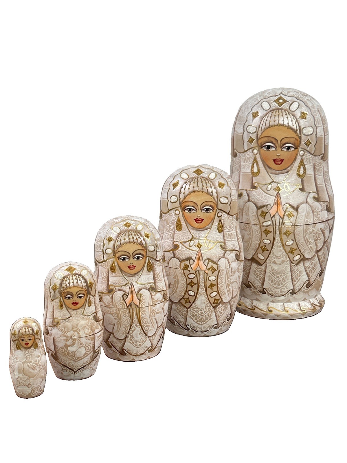 Filatova Signed 2003 Russian Nesting Dolls 5pc Bride in White Lace 7.25in 