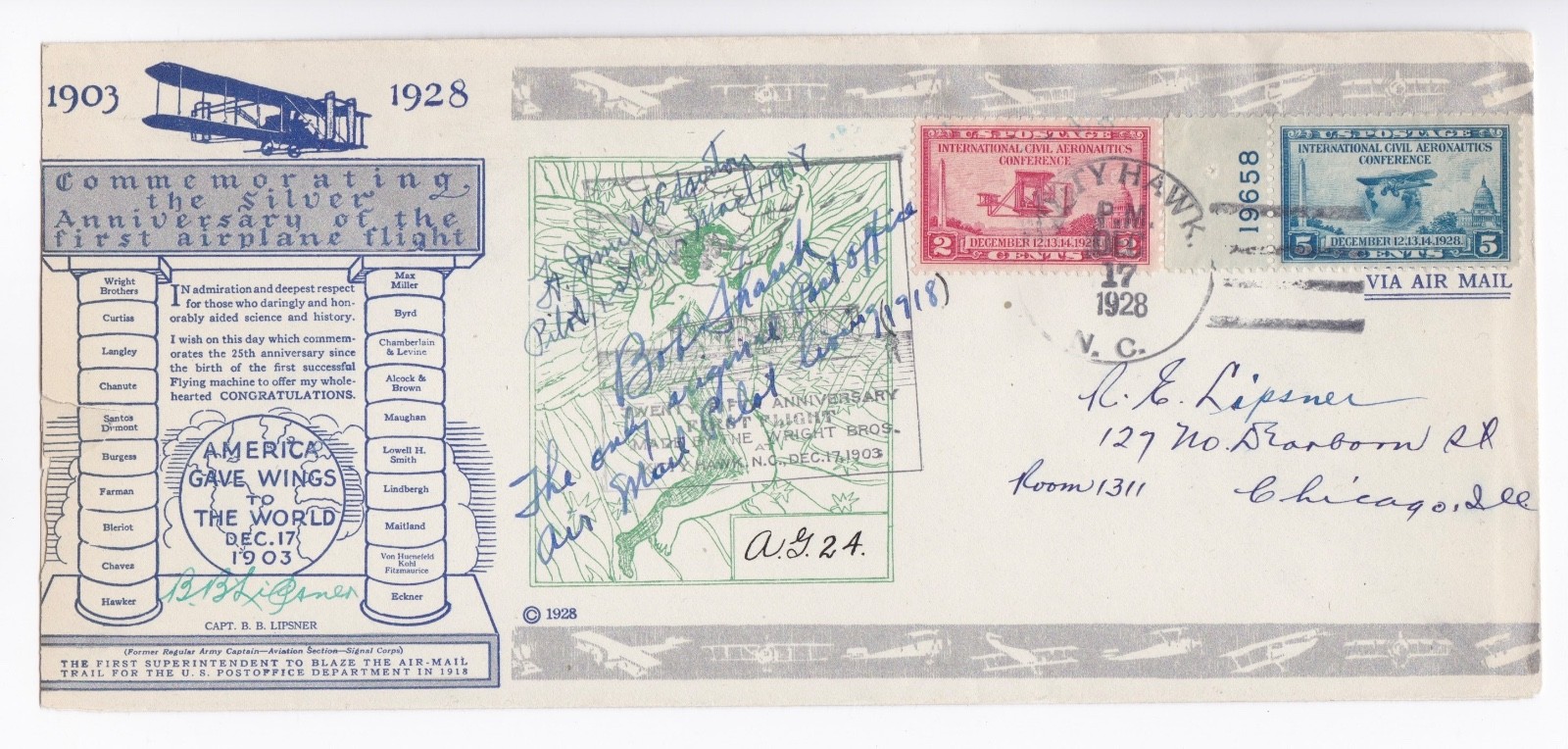 1928 Autographed Wright Brothers Kitty Hawk Commemorative Envelope
