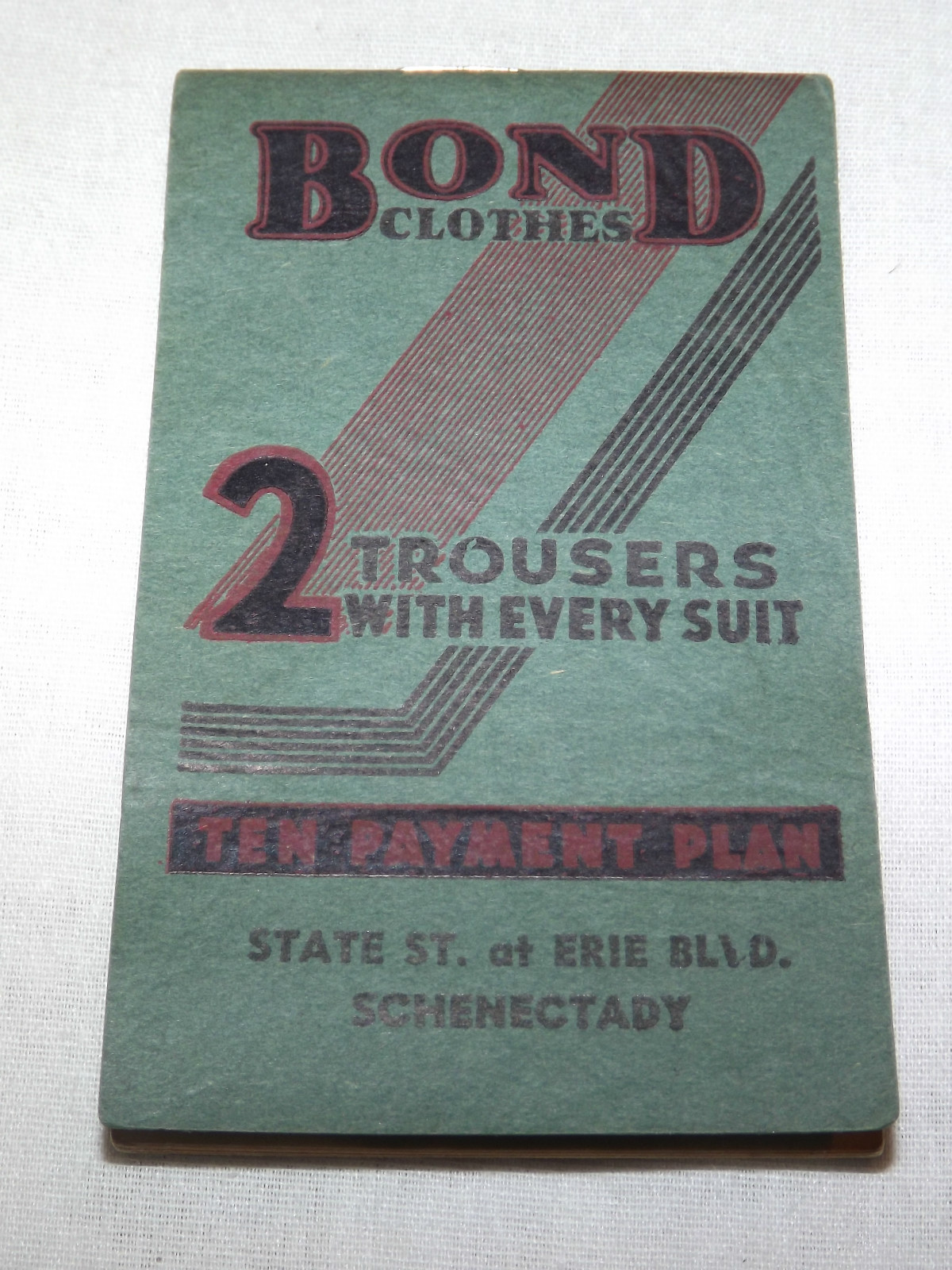 VINTAGE 1936-1937 BOND CLOTHES 2 TROUSERS EVERY SUIT SCHENECTADY NY NOTE PAD