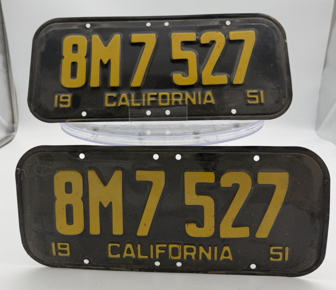 1951 California License Plates Matching Pair 8M7 527 Original Black Yellow YOM 1951 California License Plates Matching Pair 8M7 527 Original Black Yellow YOM
