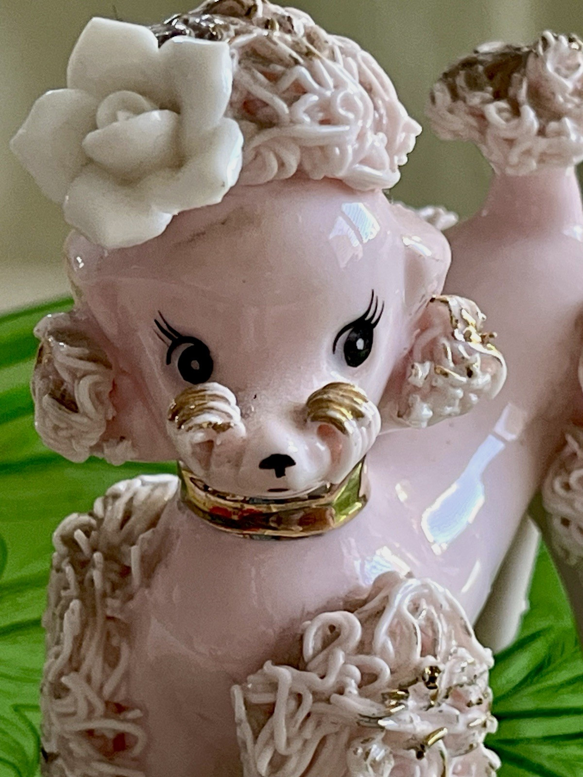 Napco Vintage Pink Porcelain Poodle Figurine Spaghetti Trim Flower Gold Collar Napco Vintage Pink Porcelain Poodle Figurine Spaghetti Trim Flower Gold Collar