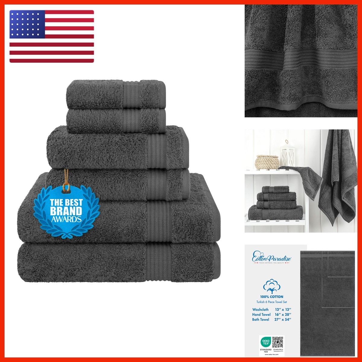 Cotton Paradise Turkish 6 Piece Towel Set for Bathroom Soft Absorbent Dry Cotton Paradise Turkish 6 Piece Towel Set for Bathroom Soft Absorbent Dry