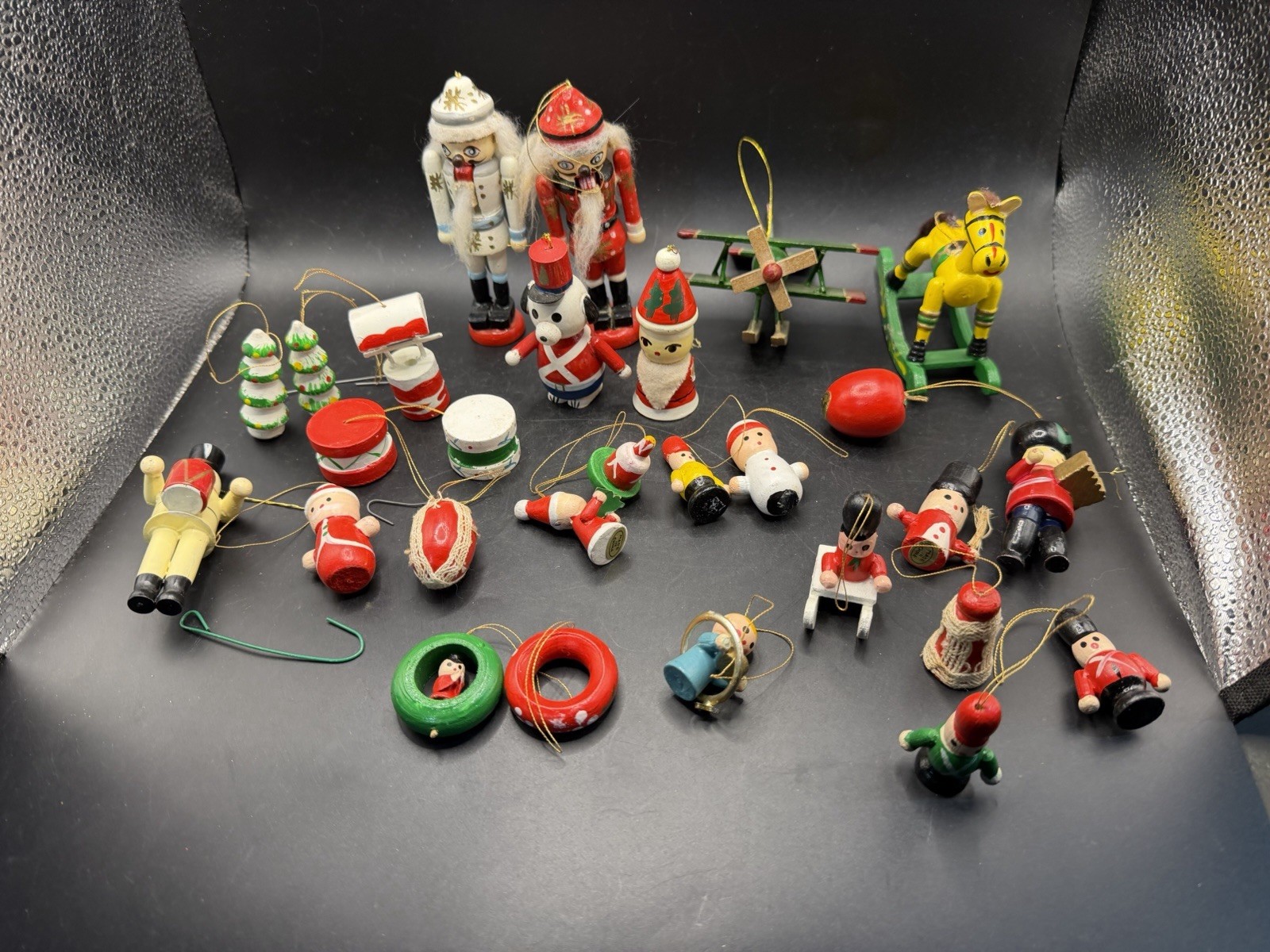 Vintage Wooden Christmas Ornaments Lot of 28 Nutcracker Airplane Soldier