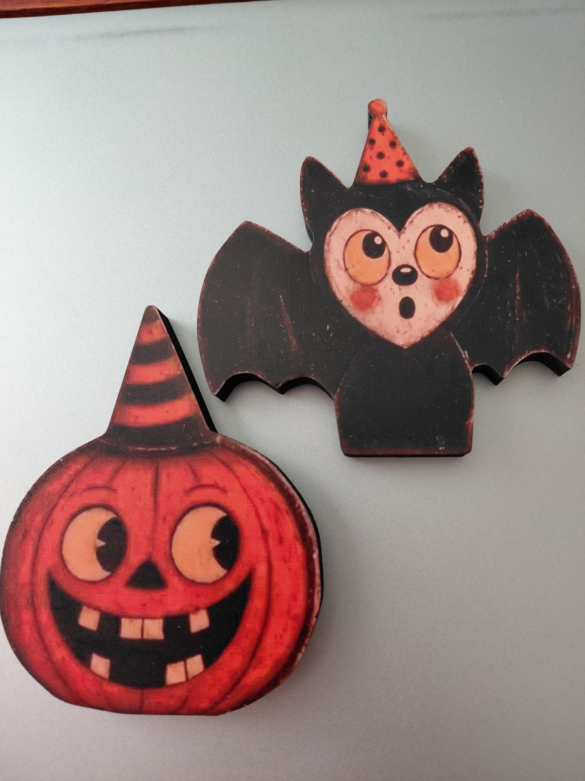 Two Vintage Style Wood Halloween Pumpkin & Bat Decor. Shelf Sitters NEW Two Vintage Style Wood Halloween Pumpkin & Bat Decor. Shelf Sitters NEW