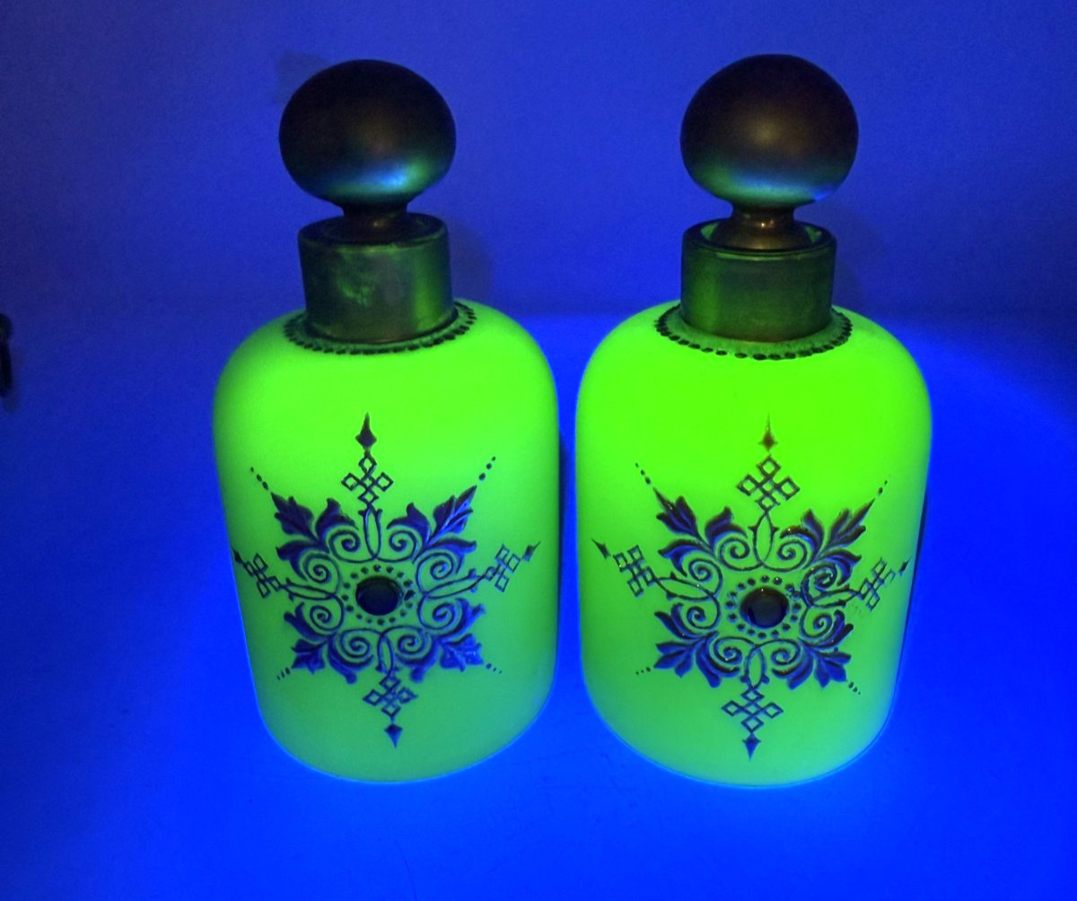 Antique Pair French Green Uranium Opaline Perfume Bottles w/Gilt Decorations Antique Pair French Green Uranium Opaline Perfume Bottles w/Gilt Decorations