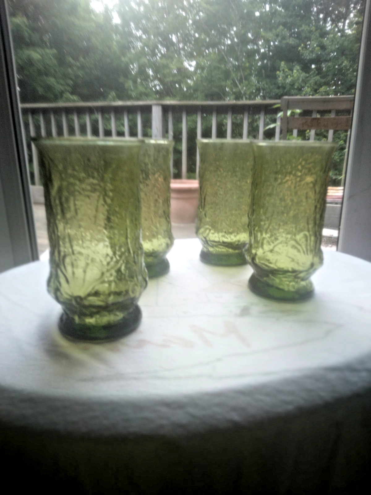 Set of 4 Vintage Libbey Green Glass Tumblers Rare Wild Flower Pattern