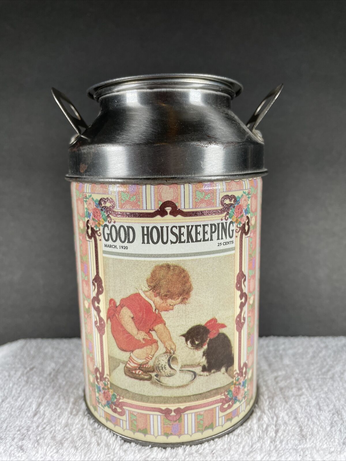 Vintage Good Housekeeping Tin 1992 Olive Can Girl Cat Kitty Floral