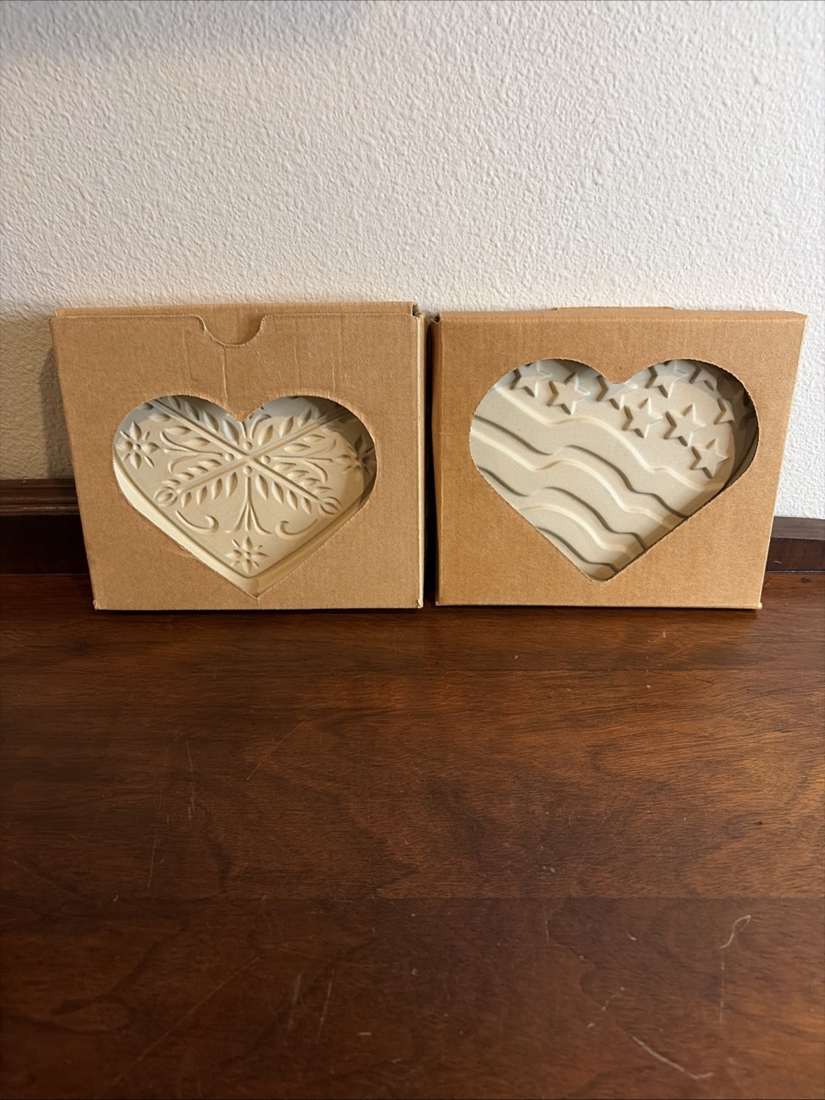 Pampered Chef Clay Cookie Mold/Press Patriotic Heart 2934, AnniversaryHeart 2918