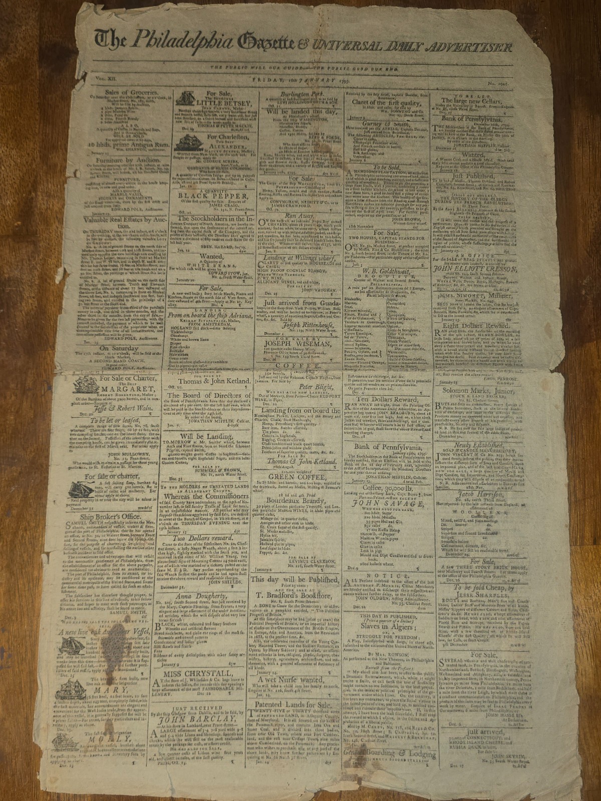 The Philadelphia Gazette Newspaper Dated February 1795