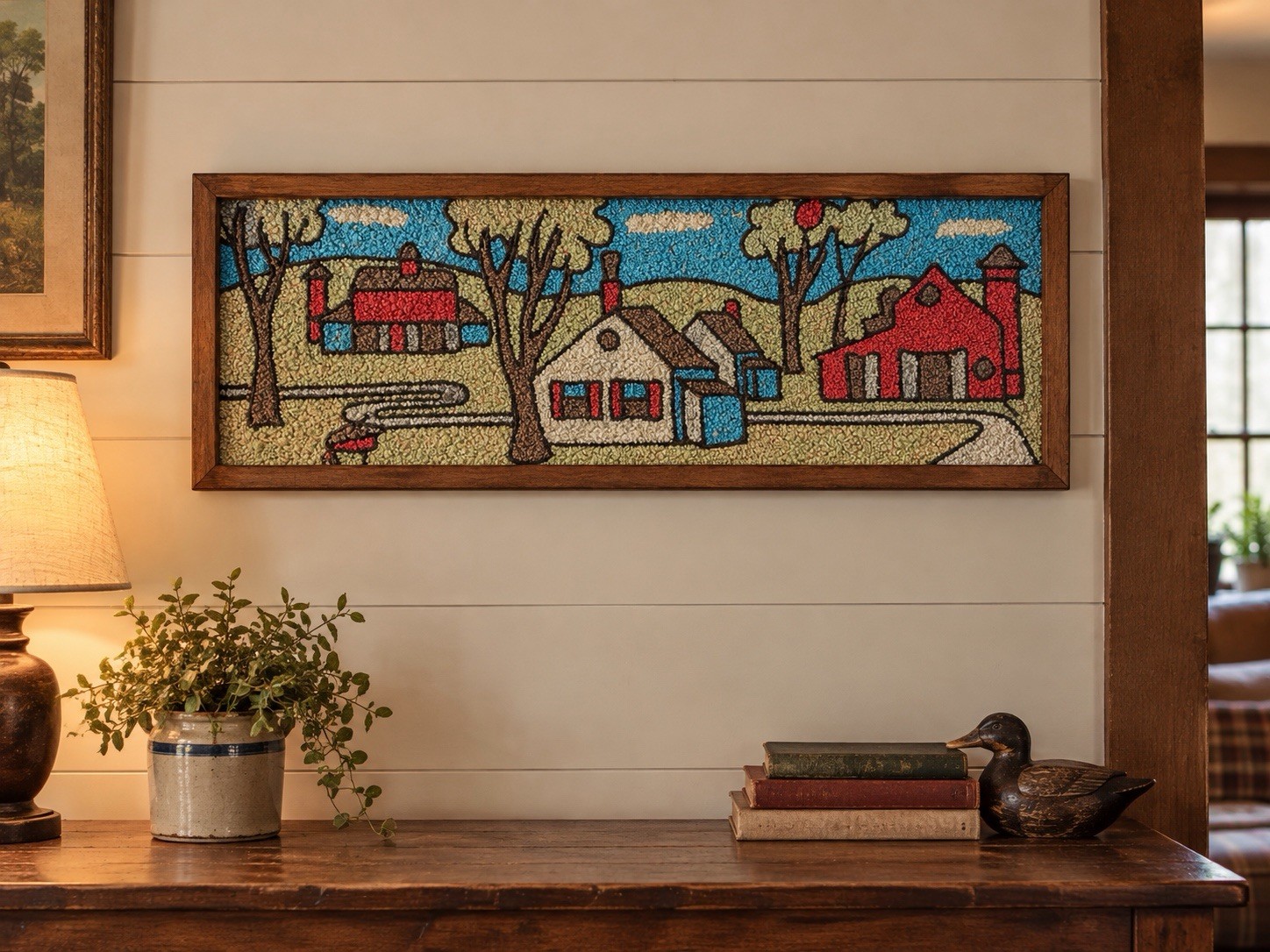 Vintage MCM Barn And House Scene Stone Art Picture 24” X 8.5”