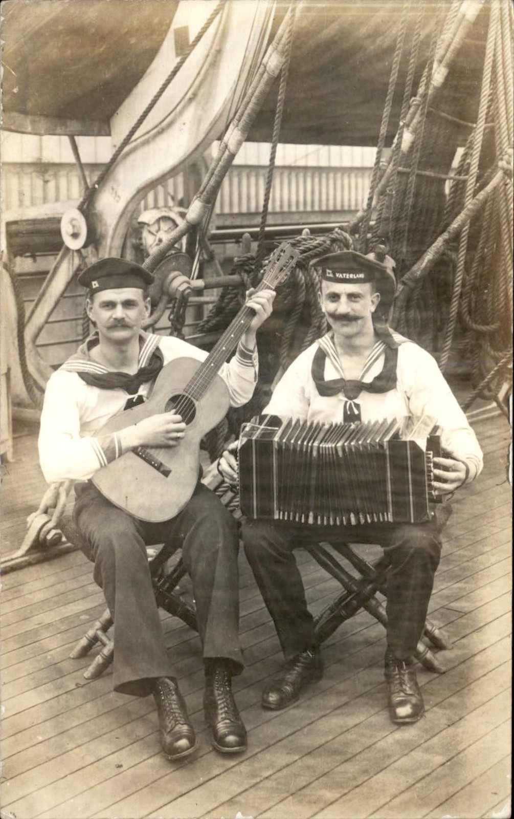 Sailors with guitar and accordion VATERLAND CAP c1910s Real Photo Postcard bhn Sailors with guitar and accordion VATERLAND CAP c1910s Real Photo Postcard bhn