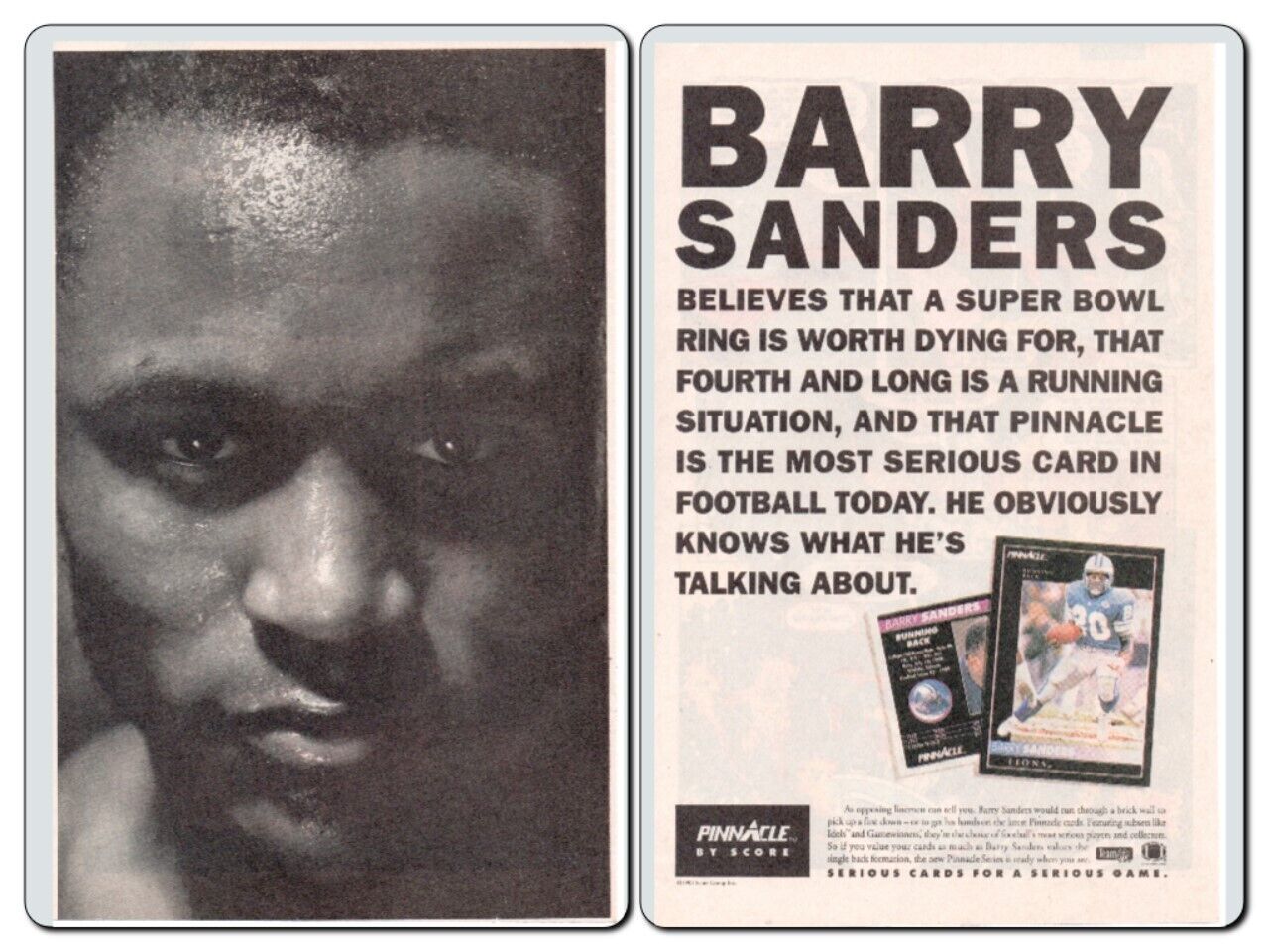 1992 BARRY SANDERS #20 NFL Detroit Lions 2PG PRINT AD ART - SCORE PINNACLE CARDS