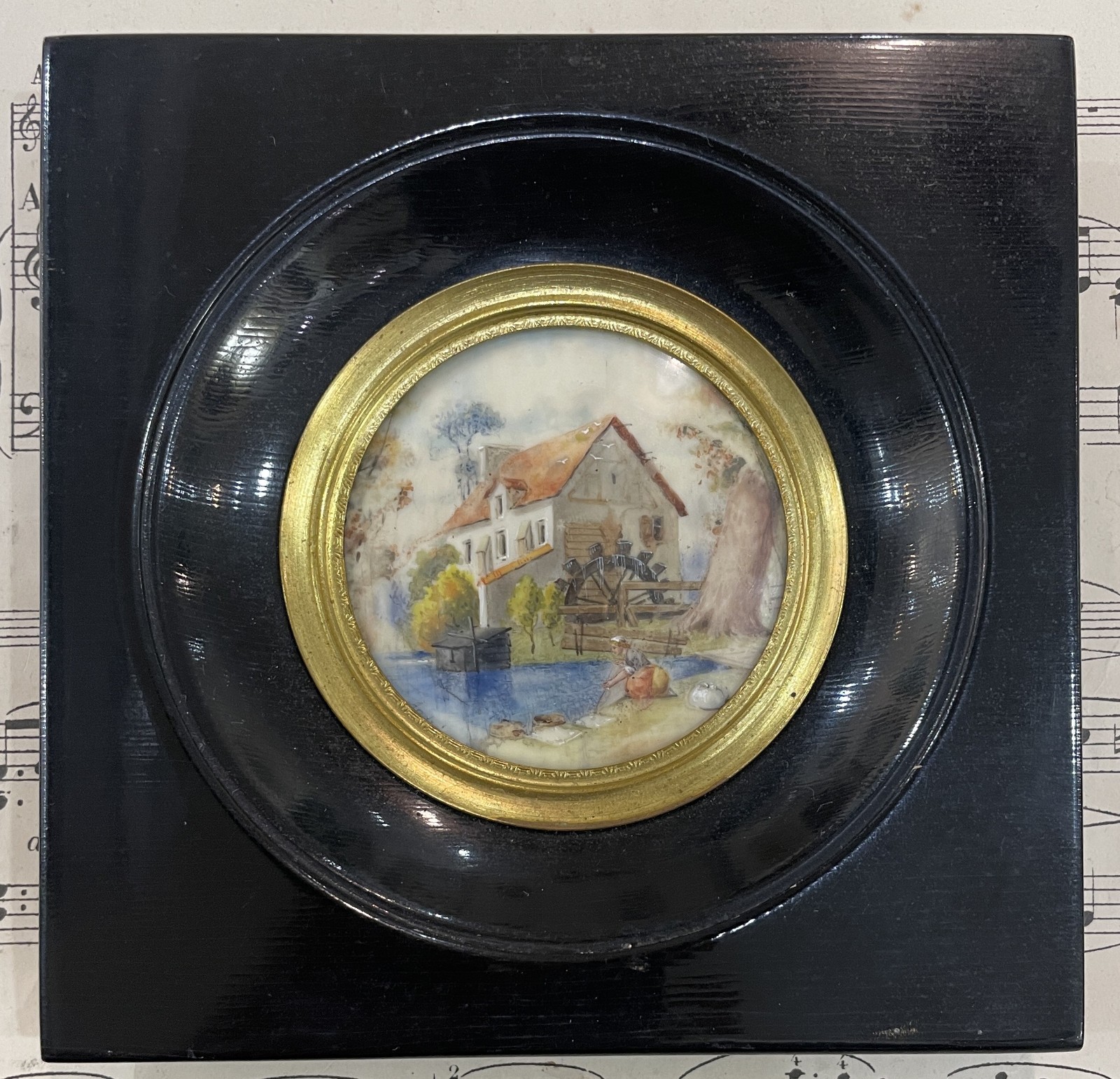 Antique French Miniature Landscape Watermill Wooden Frame after Boucher c1900