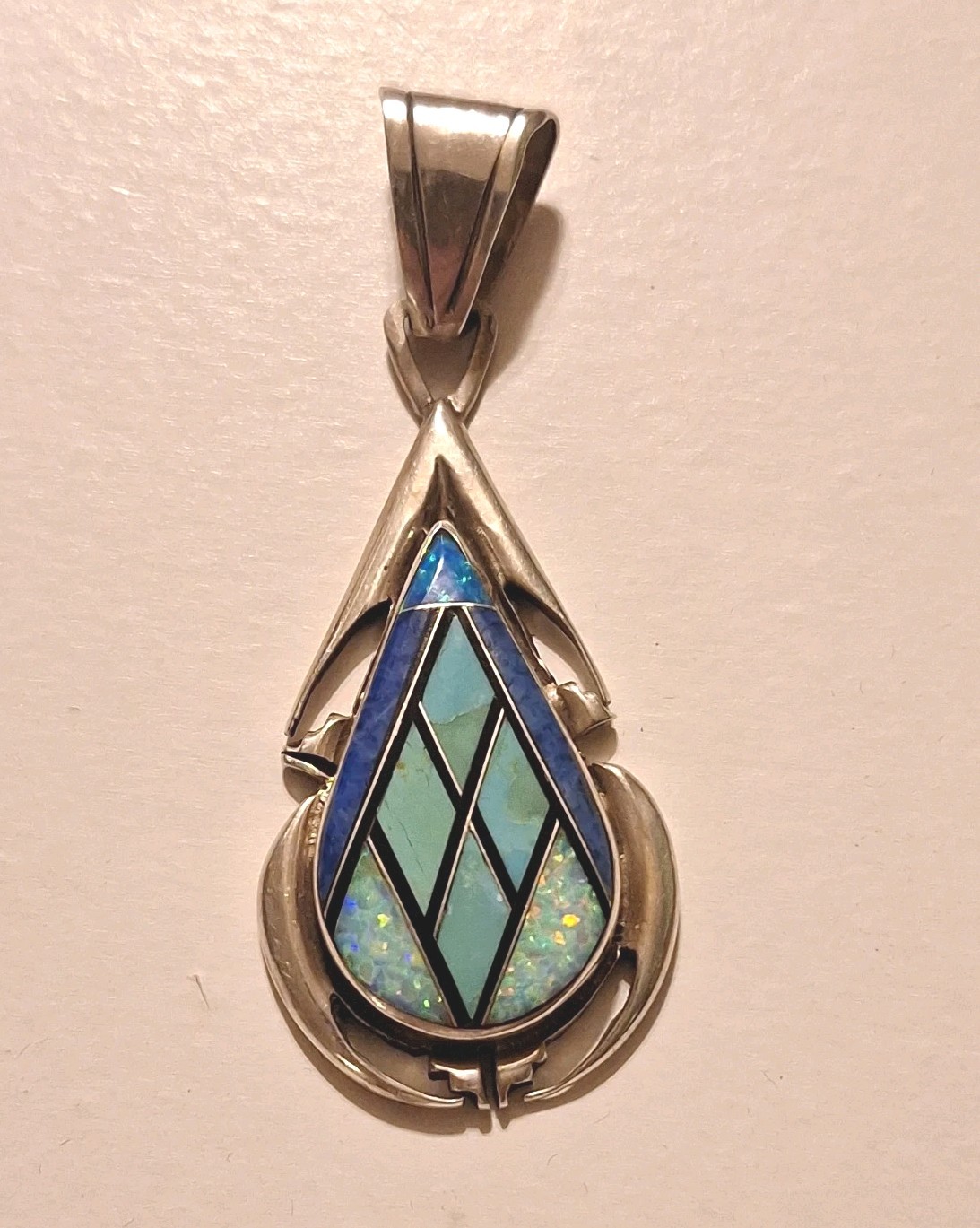 Vintage Navajo P Sanchez Sterling Silver Inlay Pendant Turquoise Lapis Zuli Opal Vintage Navajo P Sanchez Sterling Silver Inlay Pendant Turquoise Lapis Zuli Opal
