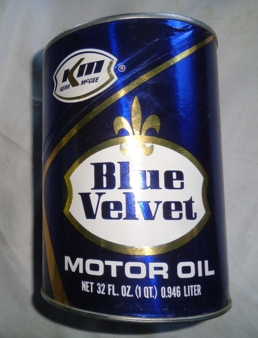 KM KERR-MCGEE BLUE VELVET MOTOR OIL QUART CARDBOARD CAN - VINTAGE PAT PENDING