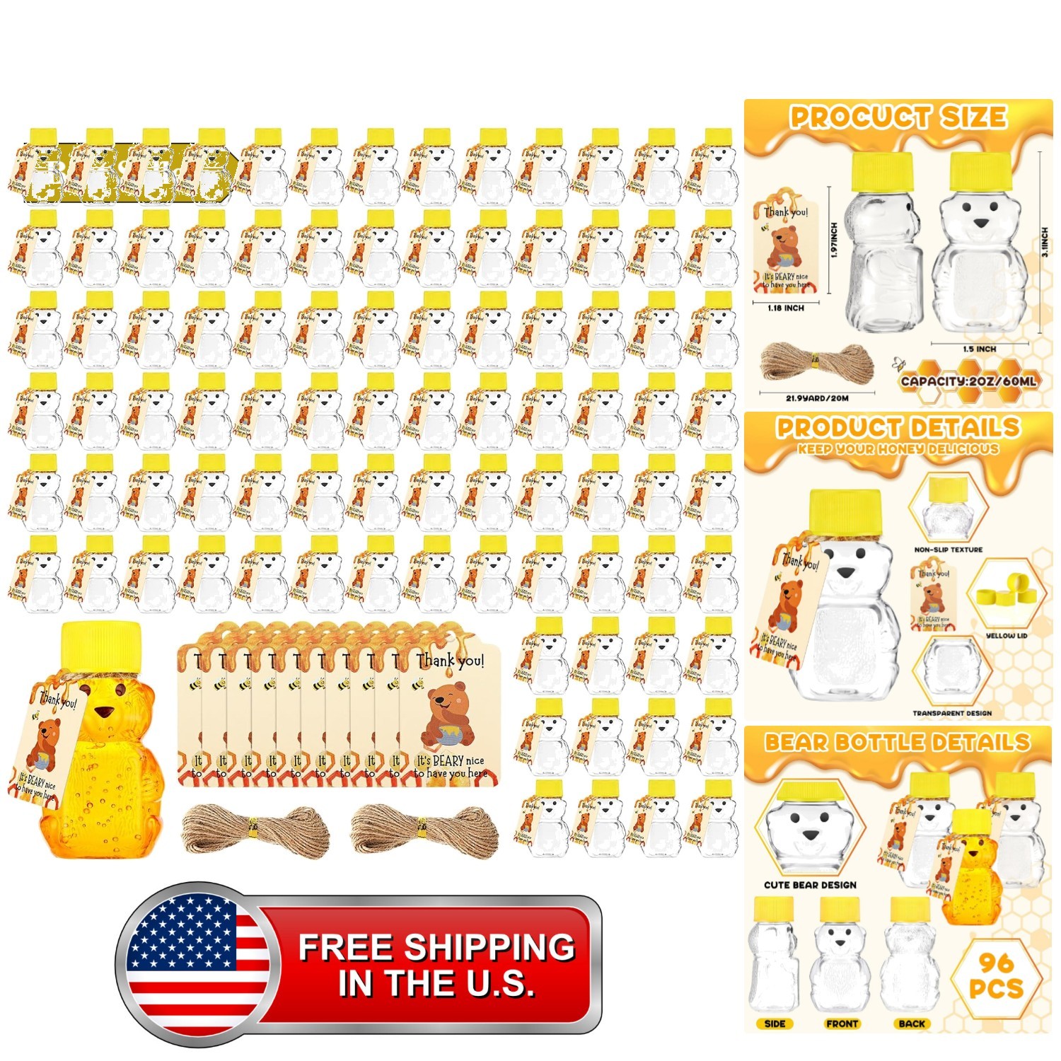 200 Pcs 2 oz Honey Bear Bottle, Plastic Clear Mini Honey Dispenser