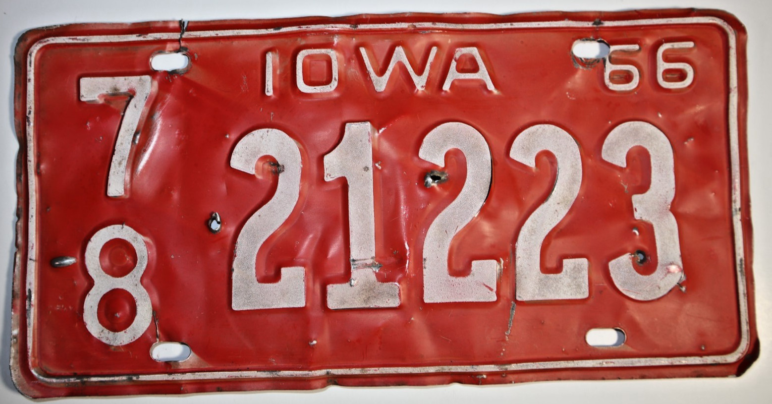 Vintage 1966 Iowa License Plate 78-21223 Red White Metal Auto Tag Authentic Vintage 1966 Iowa License Plate 78-21223 Red White Metal Auto Tag Authentic