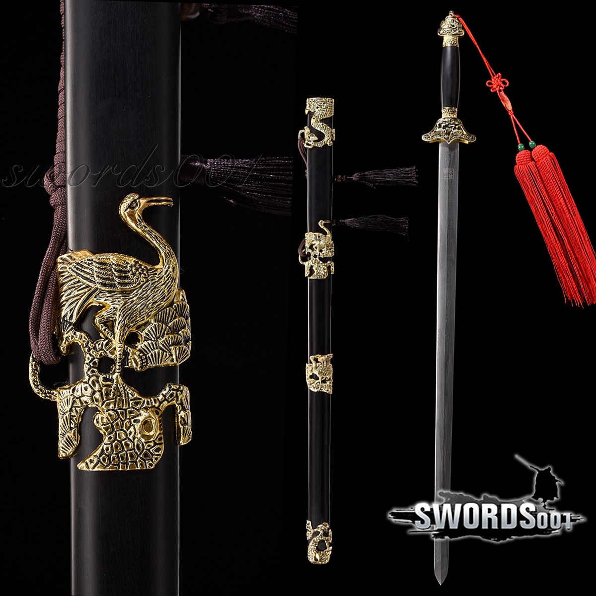 Gold Crane Sword Chinese Qing Jian Ebony Handle Scabbard Damascus Folded Steel