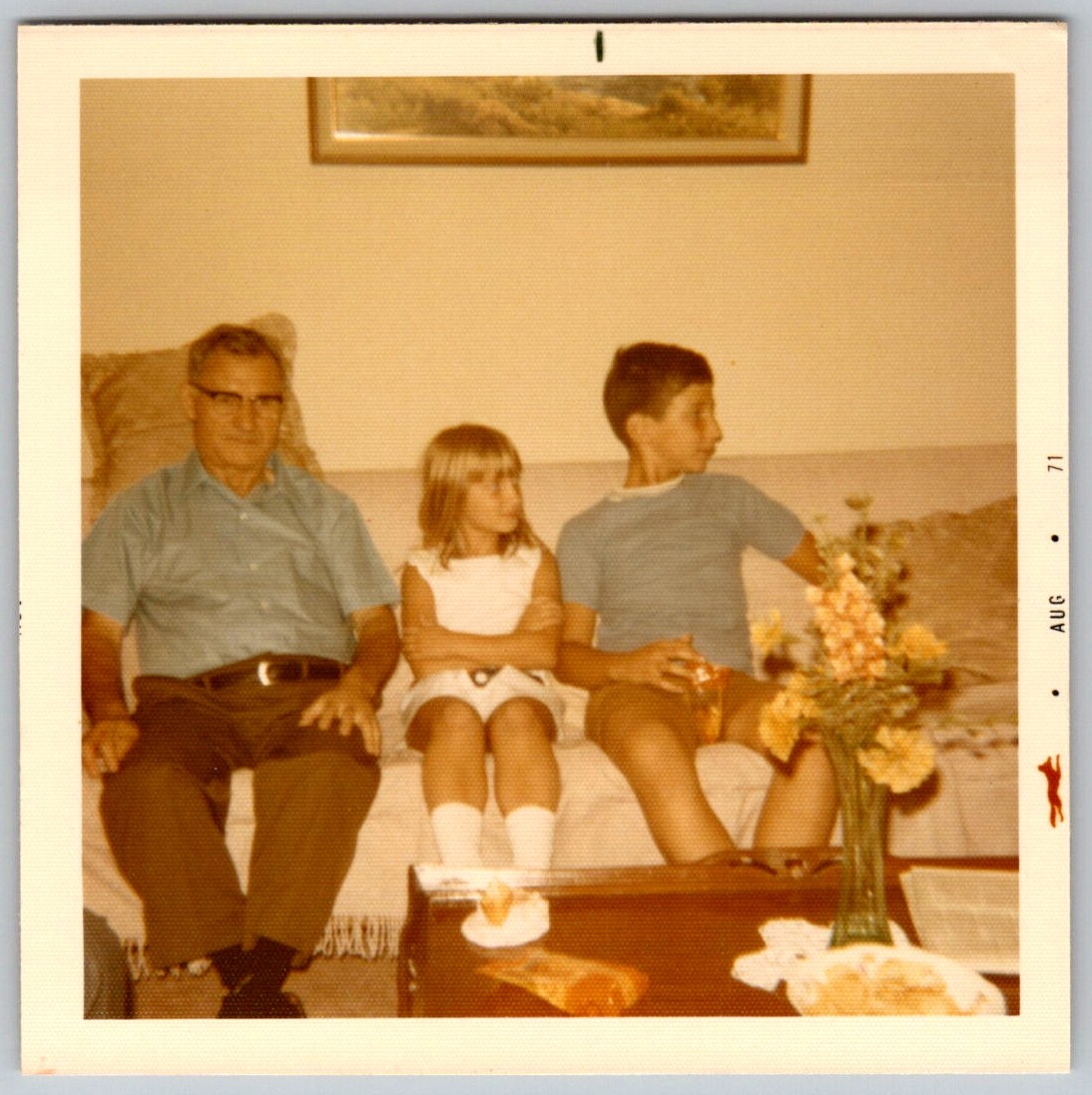 Vtg Color Snapshot Grandfather Girl Boy Sitting Living Room Couch Flowers 1971 Vtg Color Snapshot Grandfather Girl Boy Sitting Living Room Couch Flowers 1971