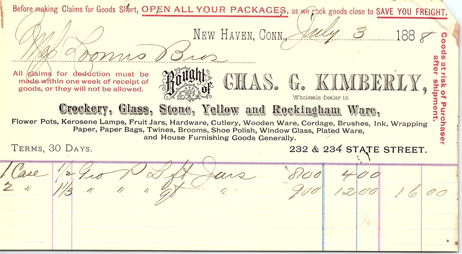 Vintage 1888 Billhead: Chas. G. Kimberly, New Haven, CT Vintage 1888 Billhead: Chas. G. Kimberly, New Haven, CT