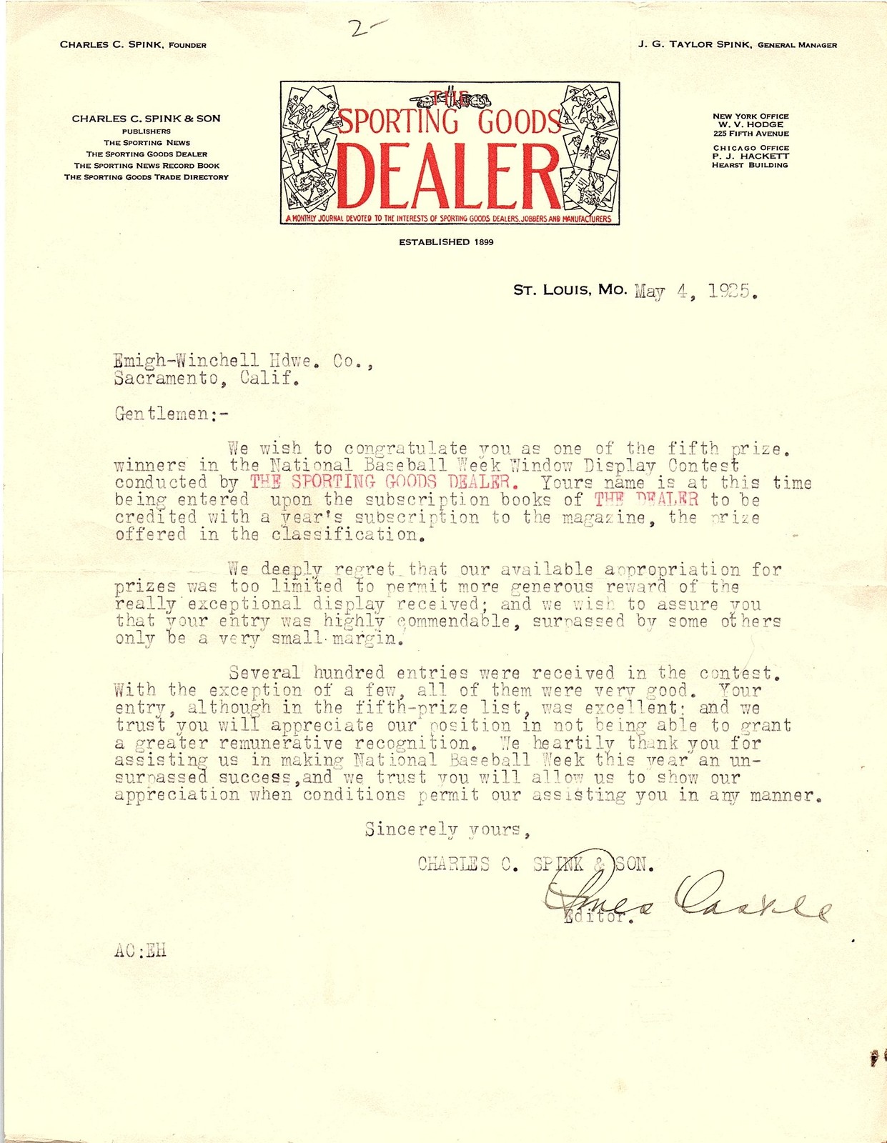 1925 Sporting Goods Dealer letter - Baseball Week Contest 1925 Sporting Goods Dealer letter - Baseball Week Contest